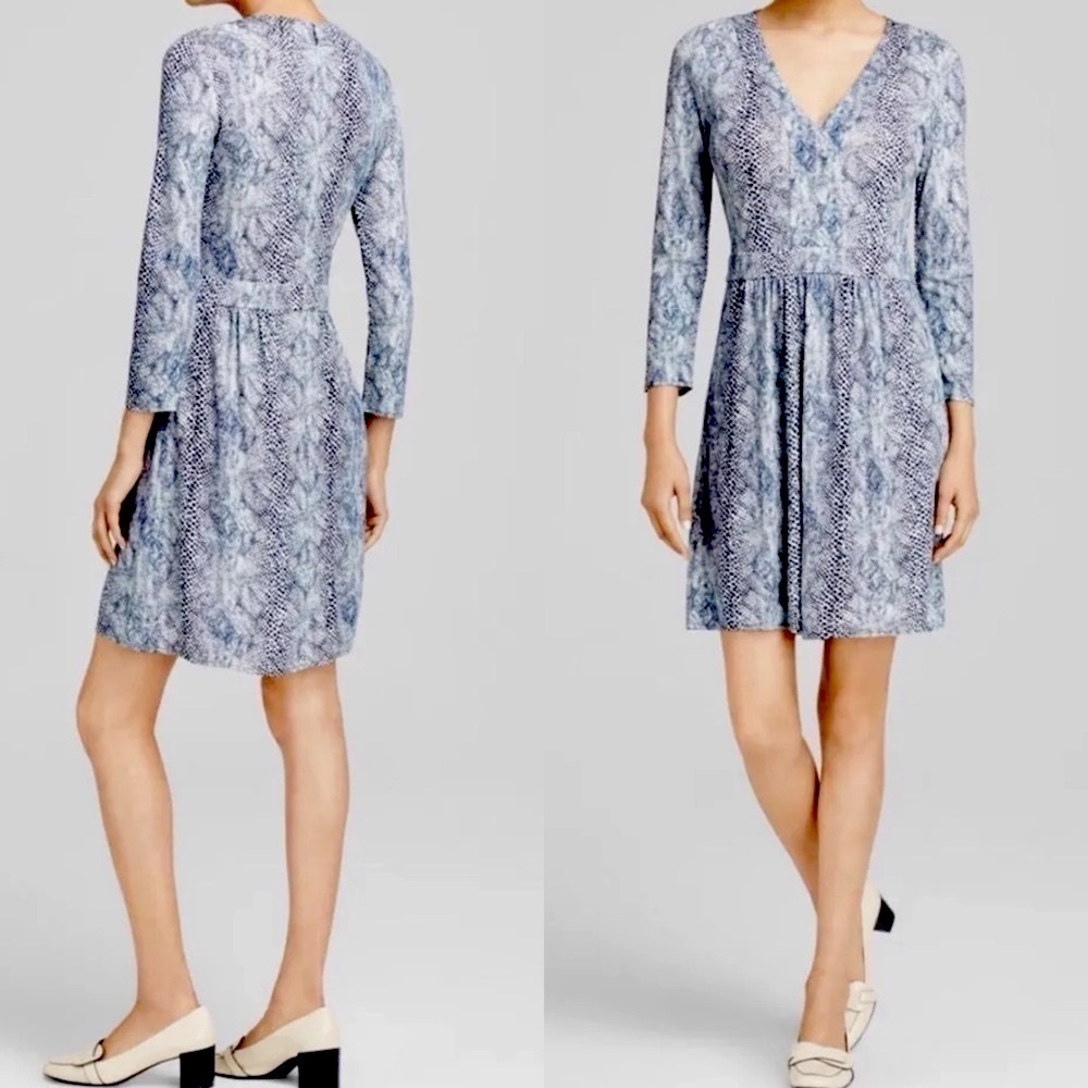 TORY BURCH Snake Print Jersey Dress blue white 3/4 sleeve V neck XL stretch